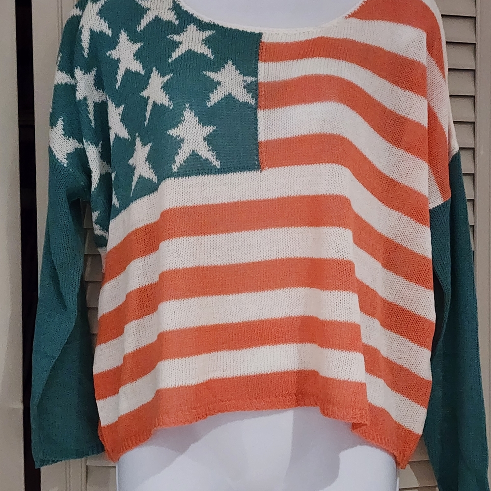 Miracle City Women's Patriotic Flag Sweater - Teal and Orange S/M NWT